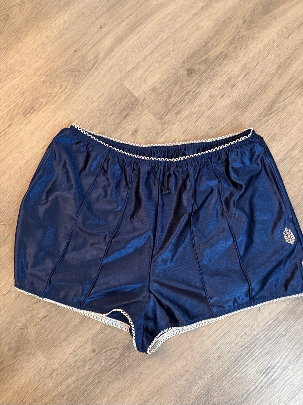 Free People Navy Blue Satin Athletic Shorts with White Trim